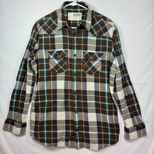 Urban Pipeline Flannel Shirt Plaid Button Up Long Sleeve Brown‎ Blue Sz Large